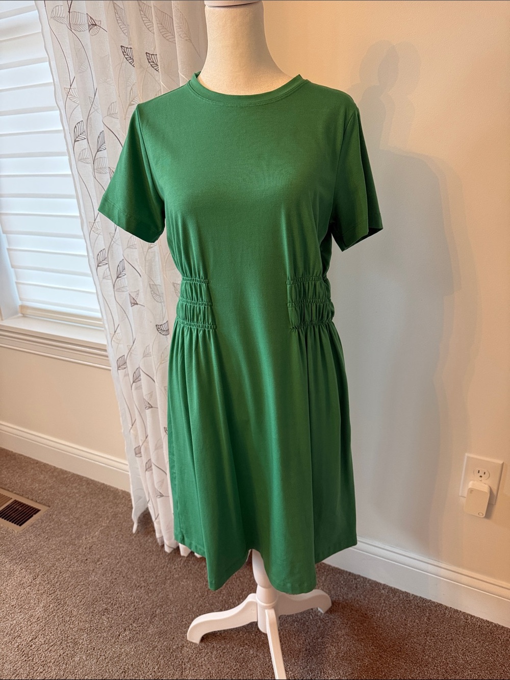 LOFT Green Short-Sleeve Smocked-Waist Midi Dress
